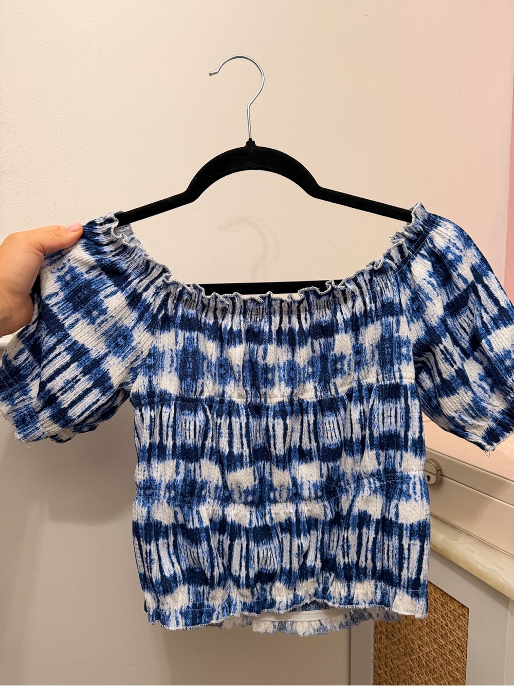 Zara Blue and White Tie-Dye Smocked Off-Shoulder Crop Top